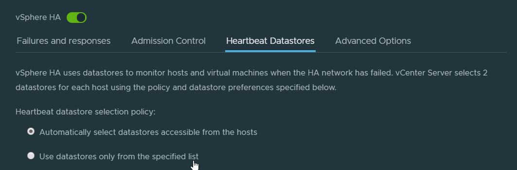 Screenshot of the 'Heartbeat Datastores' menu within vCenter